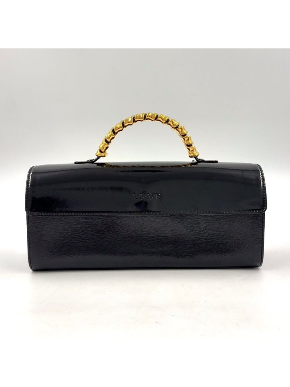 Loewe Velazquez Leather Patent Black Handbag Gold